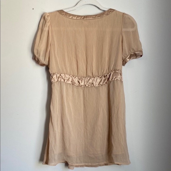 Tan Champagne Puff Sleeve Embellished Babydoll Top Dress - Picture 4 of 7